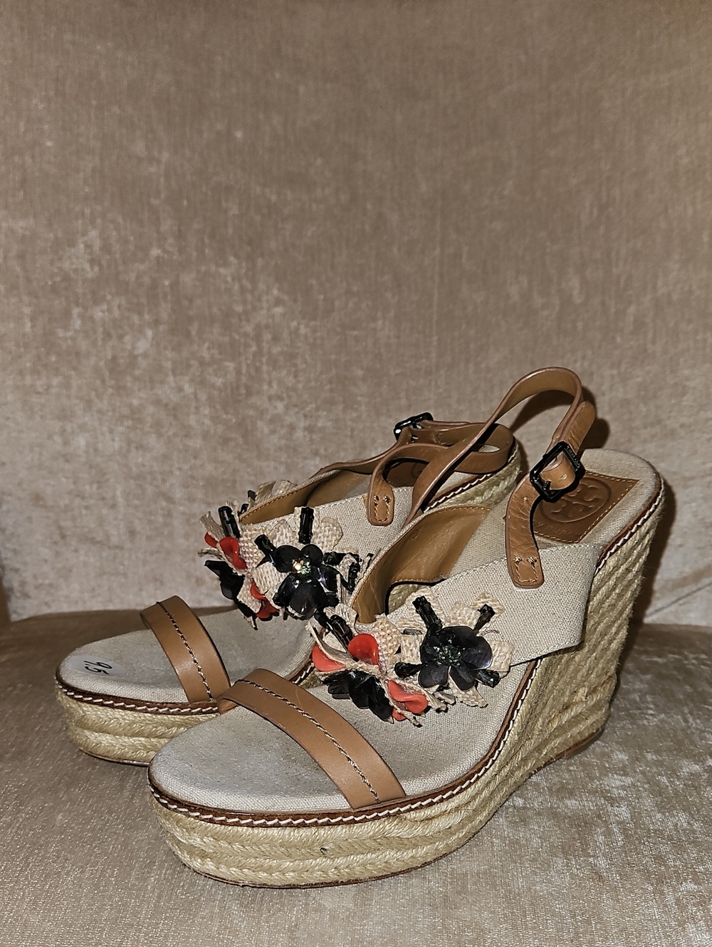 Tory Burch Wedge Espadrille Sandals with Floral Appliqué - Tan